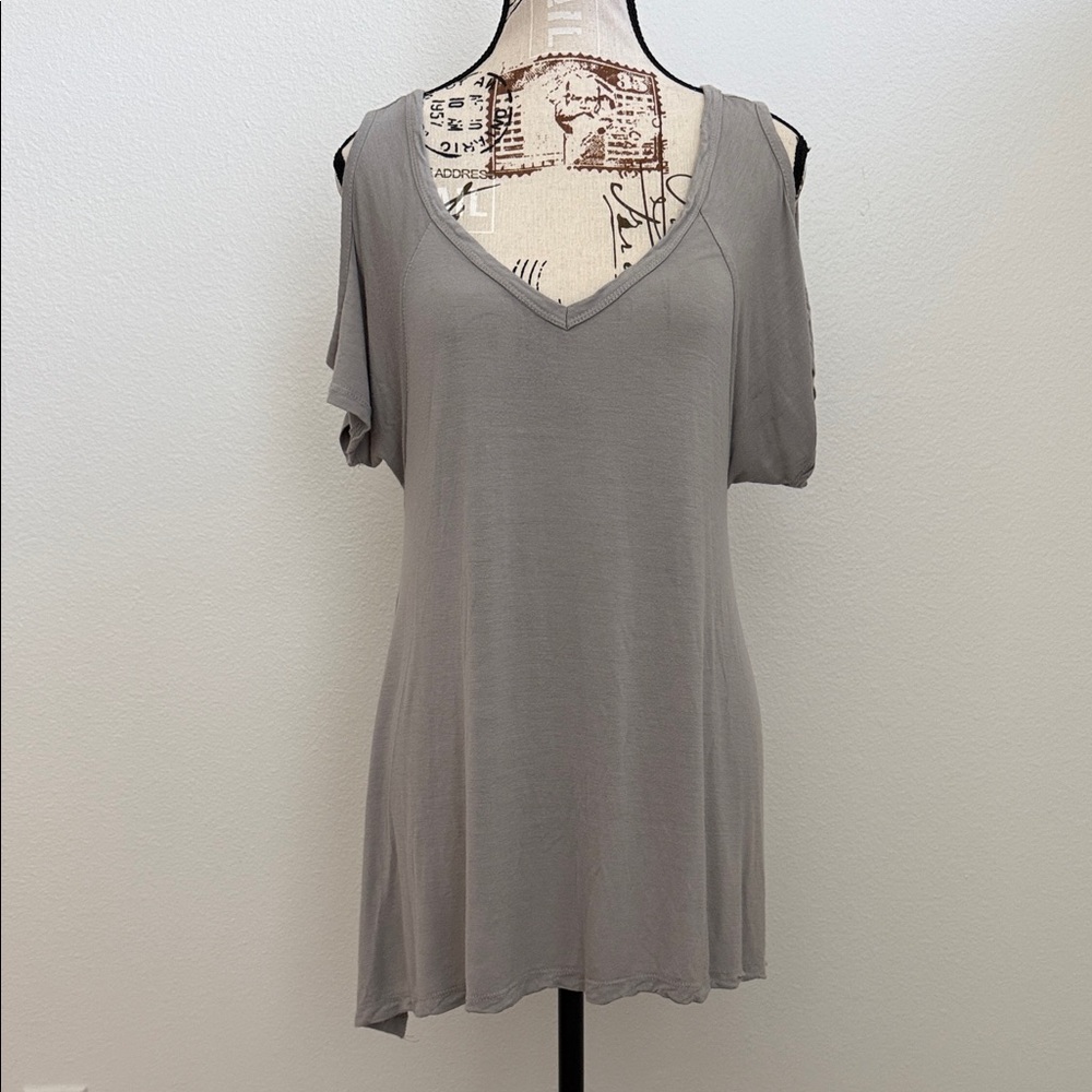 One Step Ahead Gray Cold-Shoulder V-Neck Tunic
